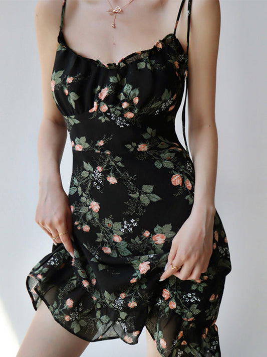 Lace Up Floral Black Mini Dress