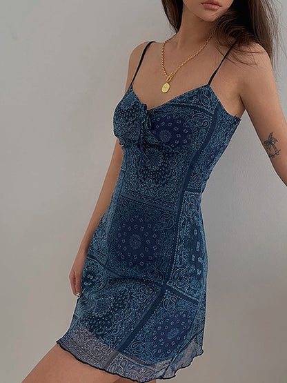 Printed Mesh Slip Mini Dress