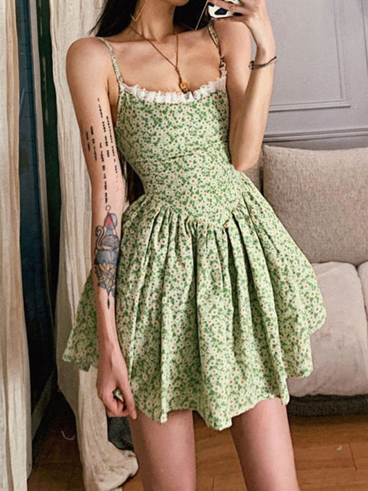 Tie Back Floral Green Mini Dress