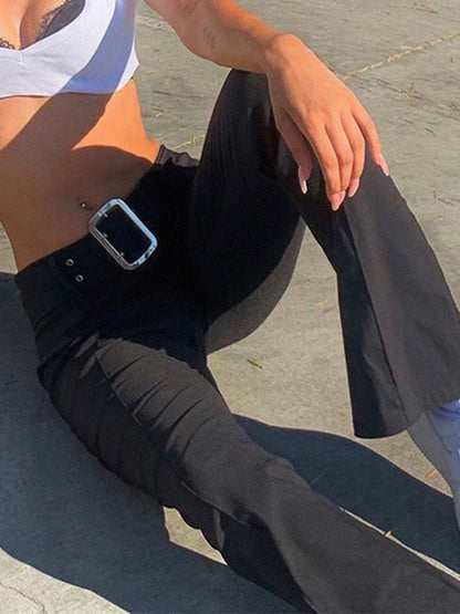 Buckle Belted Flare Leg Pants