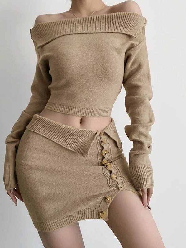 Off Shoulder Long Sleeve Knitted Two Piece Set