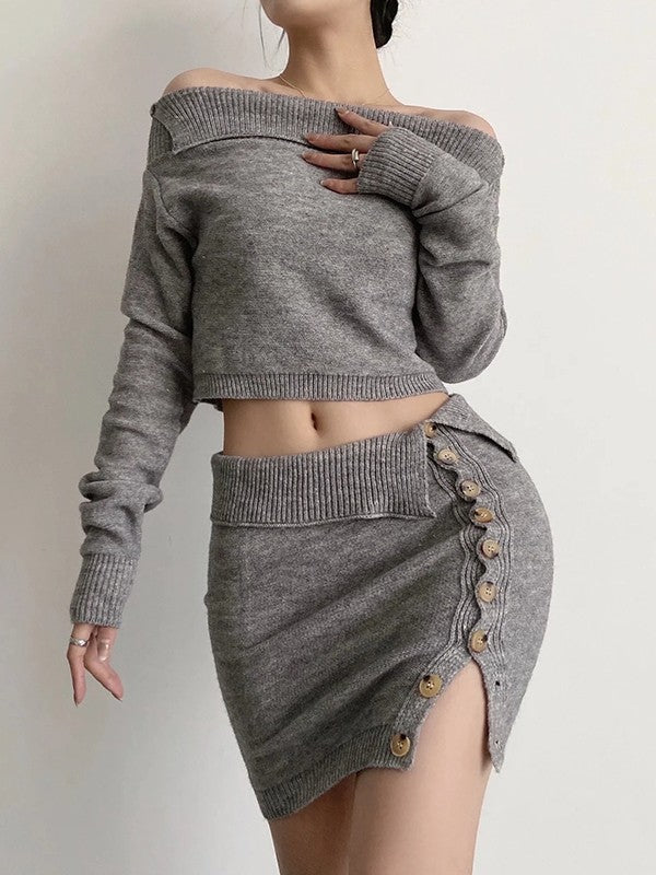 Off Shoulder Long Sleeve Knitted Two Piece Set