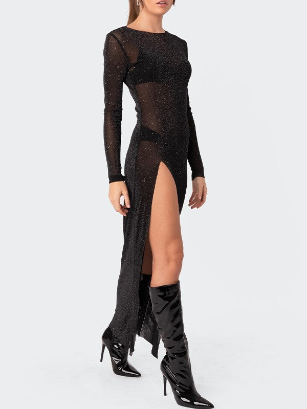 Glitter Mesh Split Long Sleeve Maxi Dress