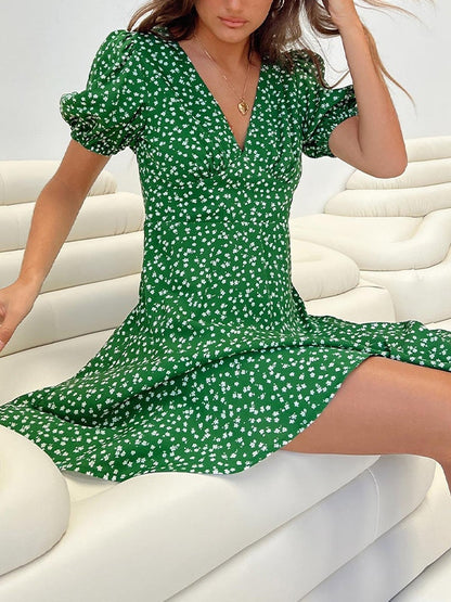 Puff Sleeve Green Floral Mini Dress