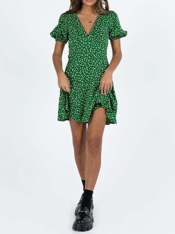 Puff Sleeve Green Floral Mini Dress