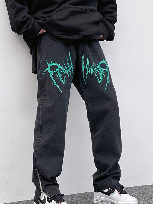 Men's Embroidered Print Zipper Jeans
