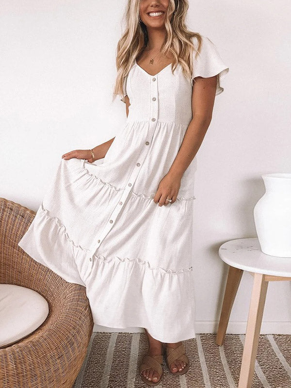 Button Up Frill Trim Dress