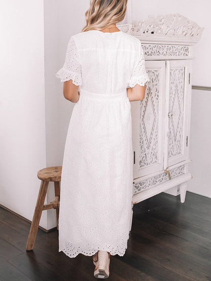 Button Up Eyelet Embroidery Midi Dress