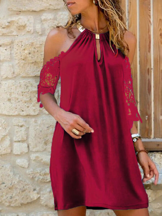 Cold Shoulder Lace Halter Midi Dress