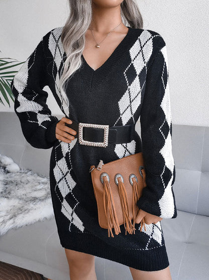 Argyle Long Sleeve Knit Midi Dress