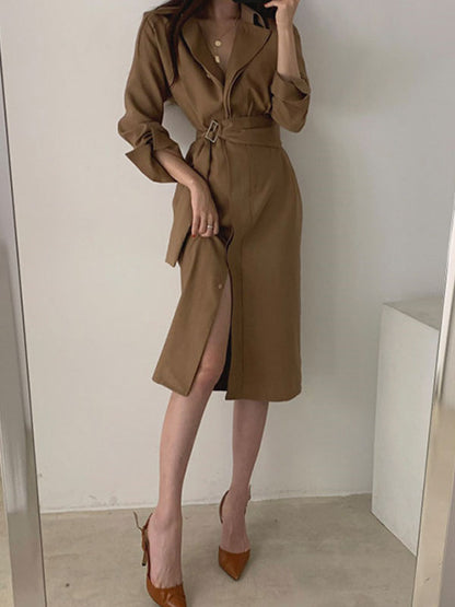 Belted Long Sleeve Shirt Midi Dress