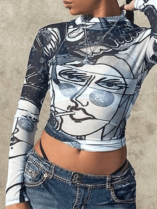 Abstract Face Mesh Long Sleeve Crop Top