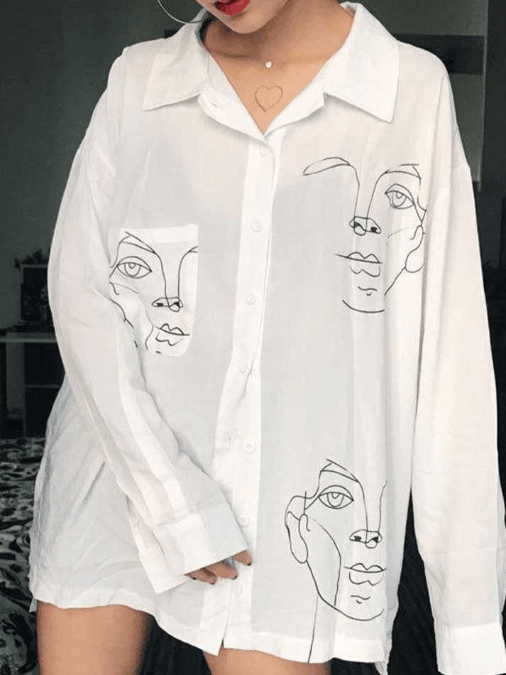 Abstract Face Print Long Sleeve Blouse