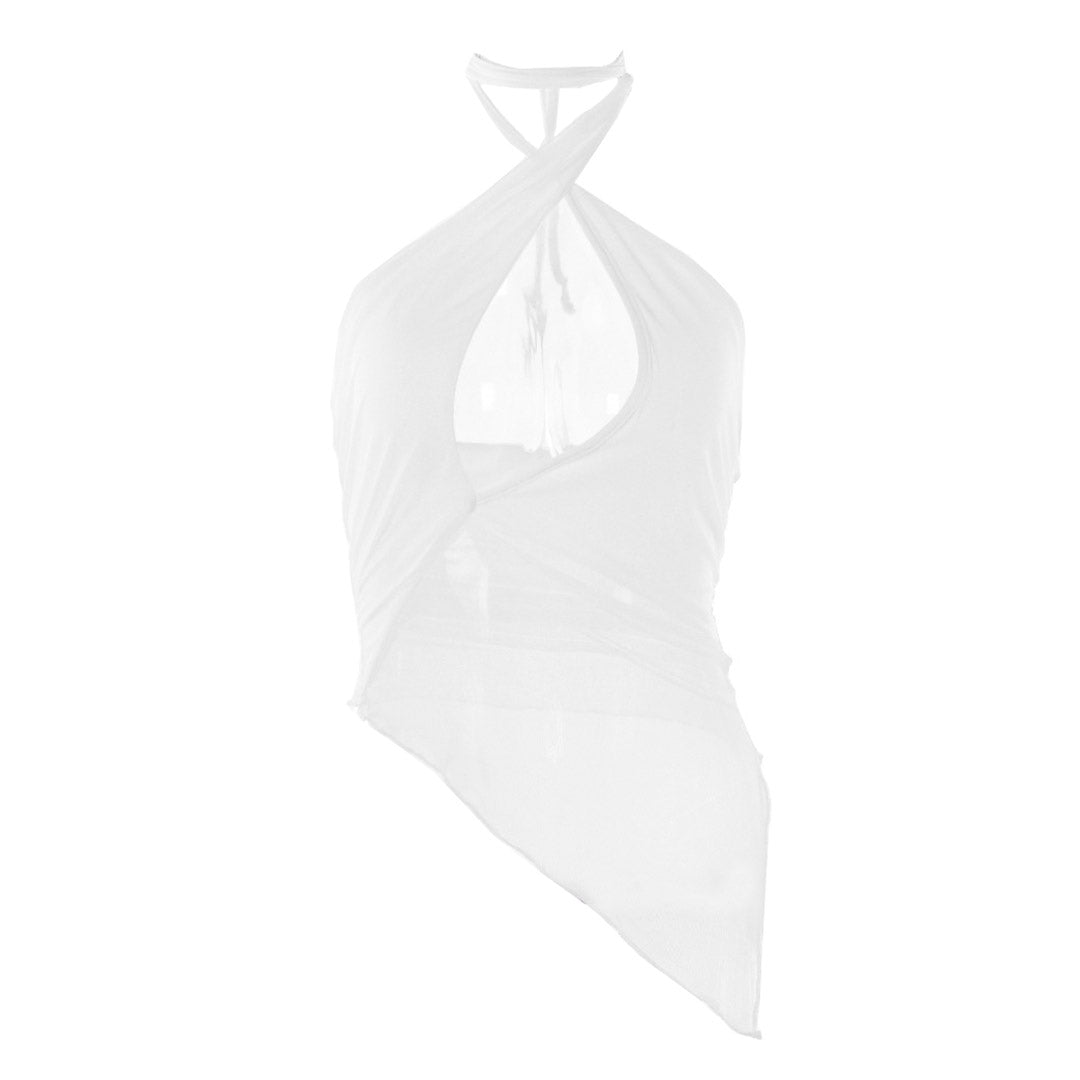Mesh Cut Out Sleeveless Wrap Halter Top - White