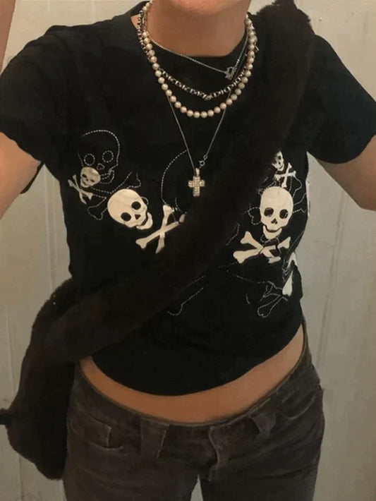 Black Short Sleeve Skull Crop Top