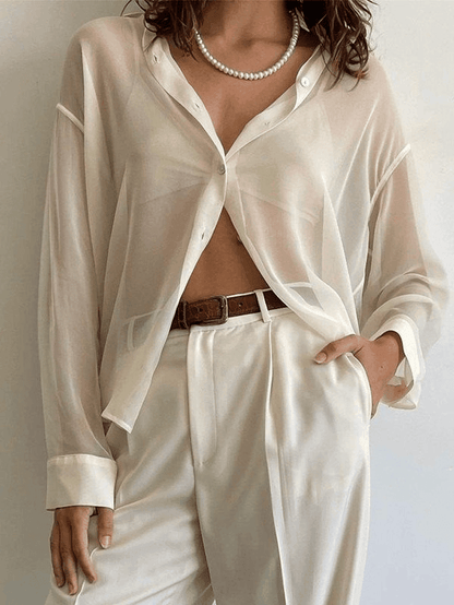 Button Front Semi Sheer Long Sleeve Blouse