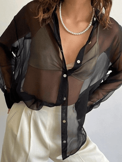 Button Front Semi Sheer Long Sleeve Blouse