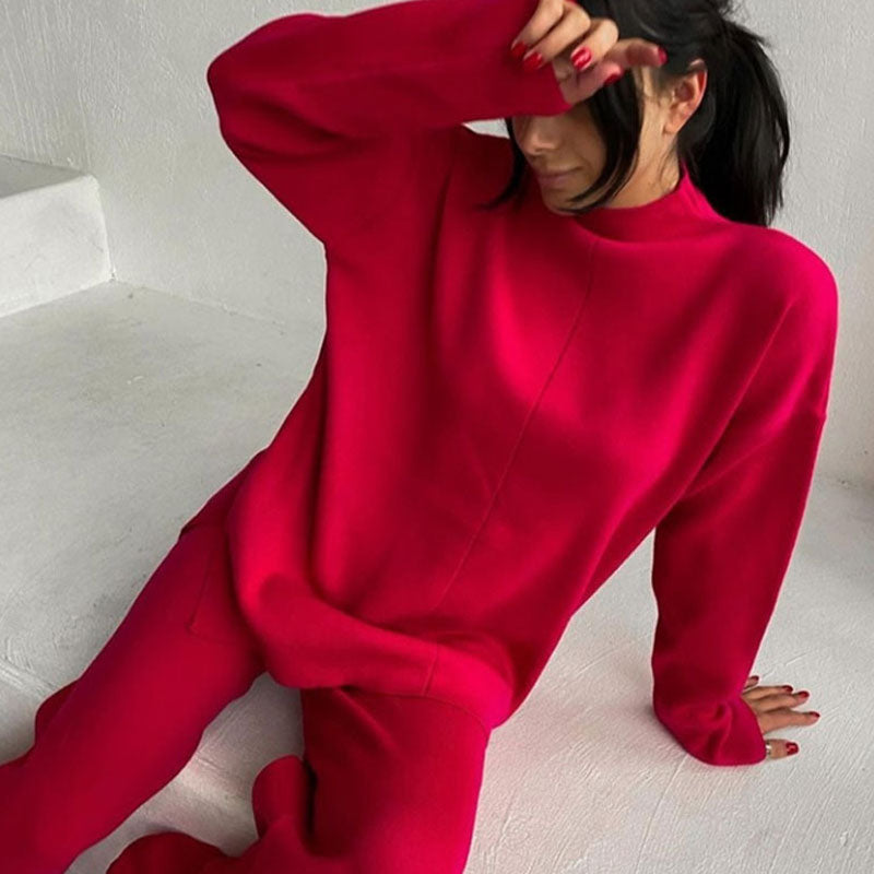 High Neck Rib Knit Pullover Sweater Wide Leg Pants Matching Set - Red