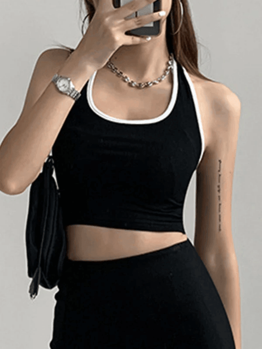 Contrast Trim Cropped Halter Tank Top