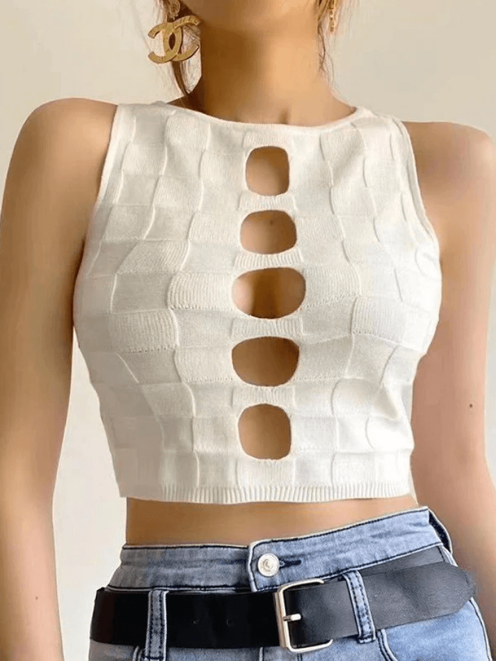 Cutout Checkered Knit Cropped Tank Top
