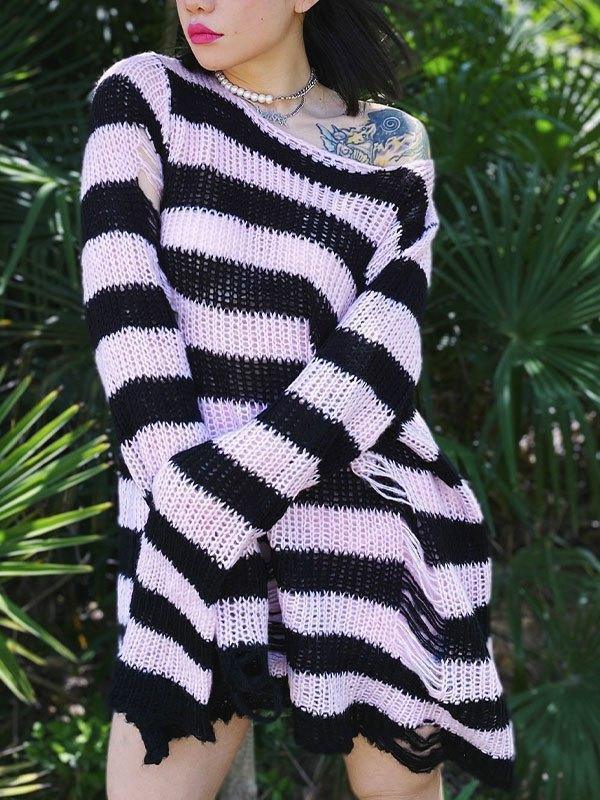 Distressed Stripe Longline Sweater