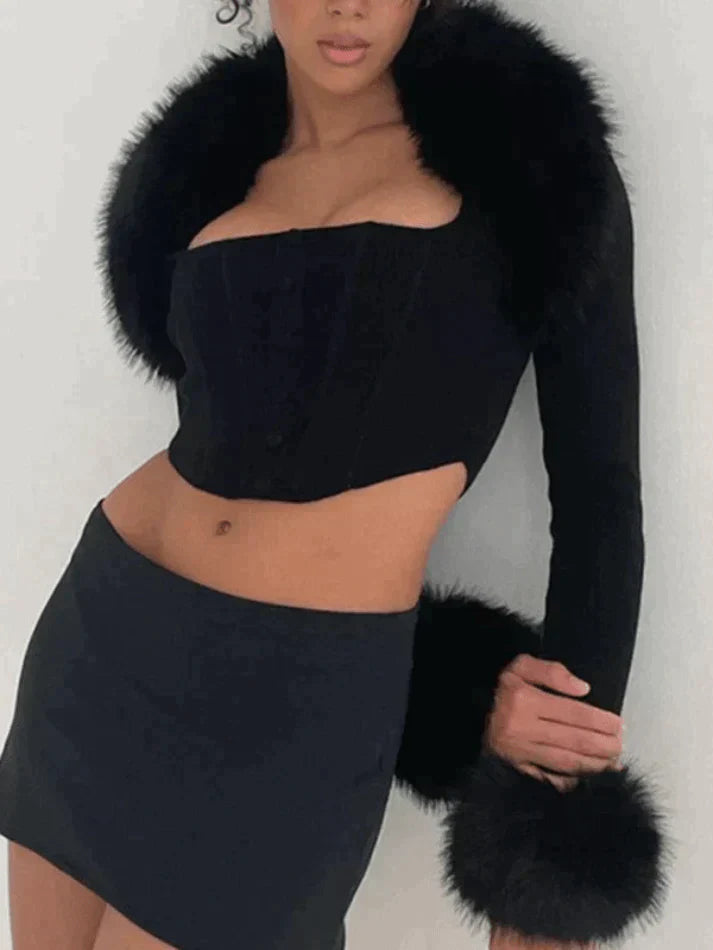 Fur Trim Black Shrug Jacket