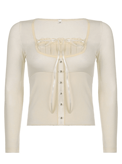 Fleece Bow-Neck Ribbed Lace Blouse