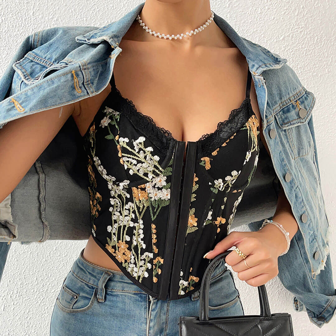 Floral Embroidered Hook And Eye Lace Trim Push Up Crop Corset Top - Black