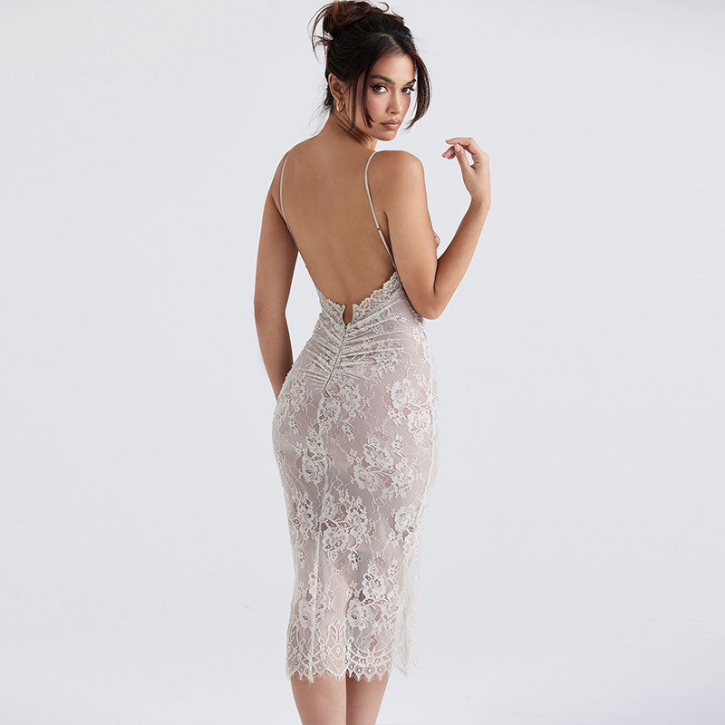 Floral Lace Ruched Trim Open Back Bodycon Slip Cocktail Midi Dress - White