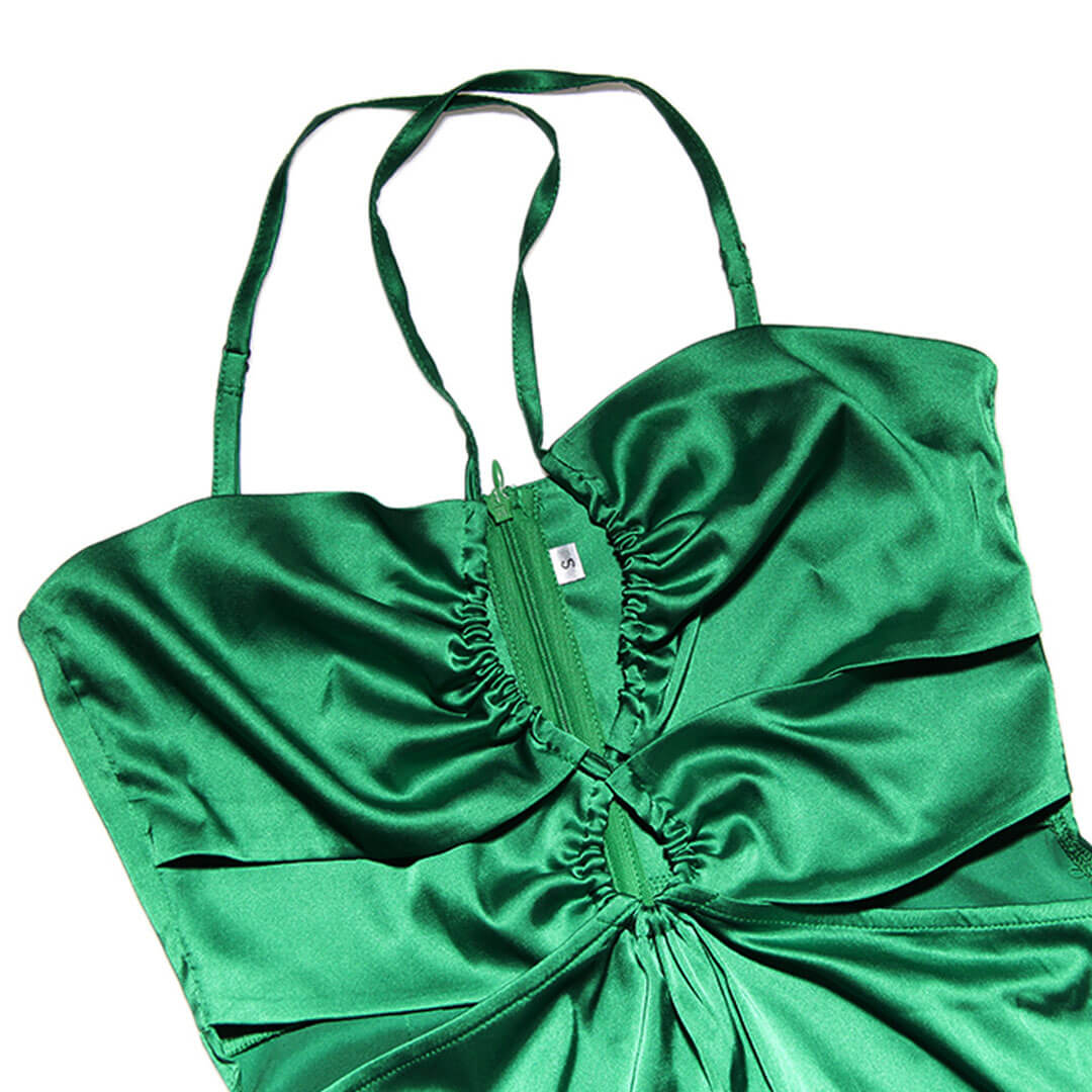 Crisscross Trim Ruched Cut Out Sleeveless Slit Gown Maxi Dress - Green