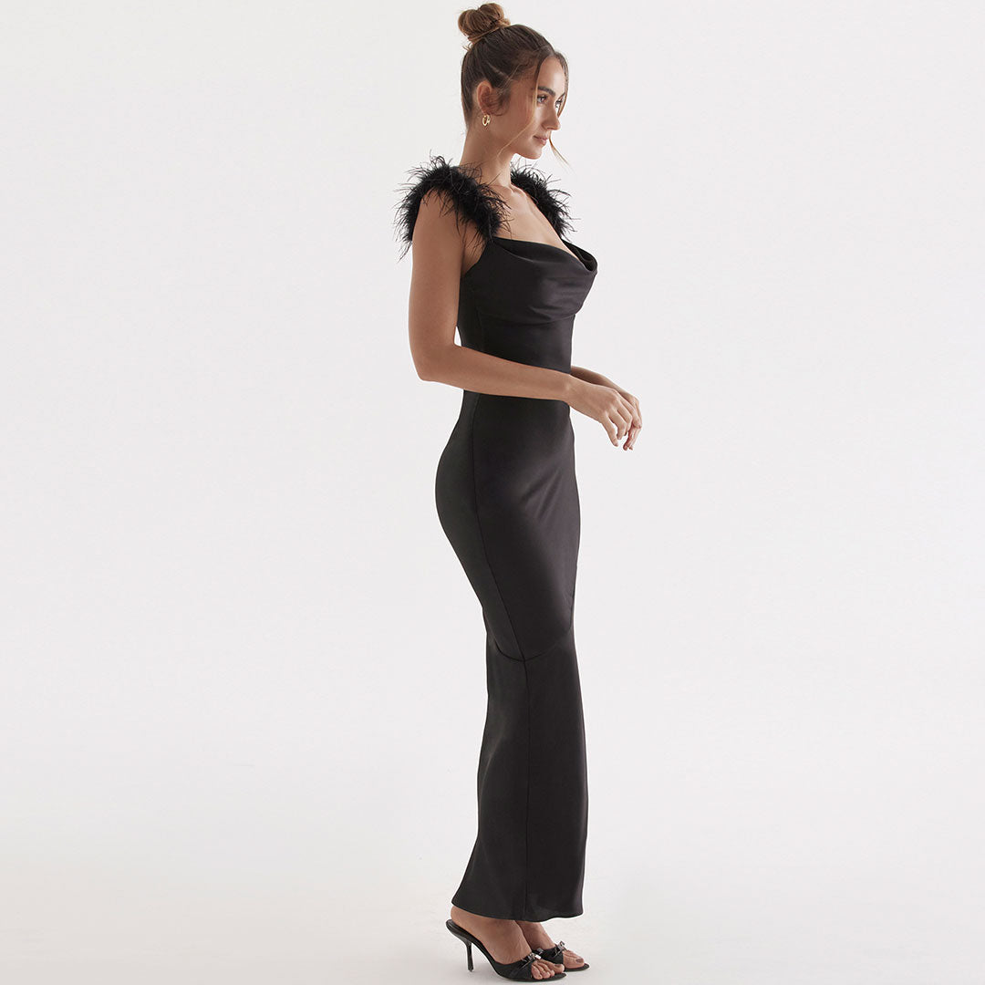 Trim Cowl Neck Sleeveless Gown Maxi Dress - Black