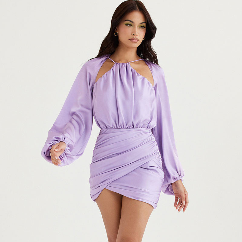 Ruched Bishop Sleeve Halter Mini Dress - Purple
