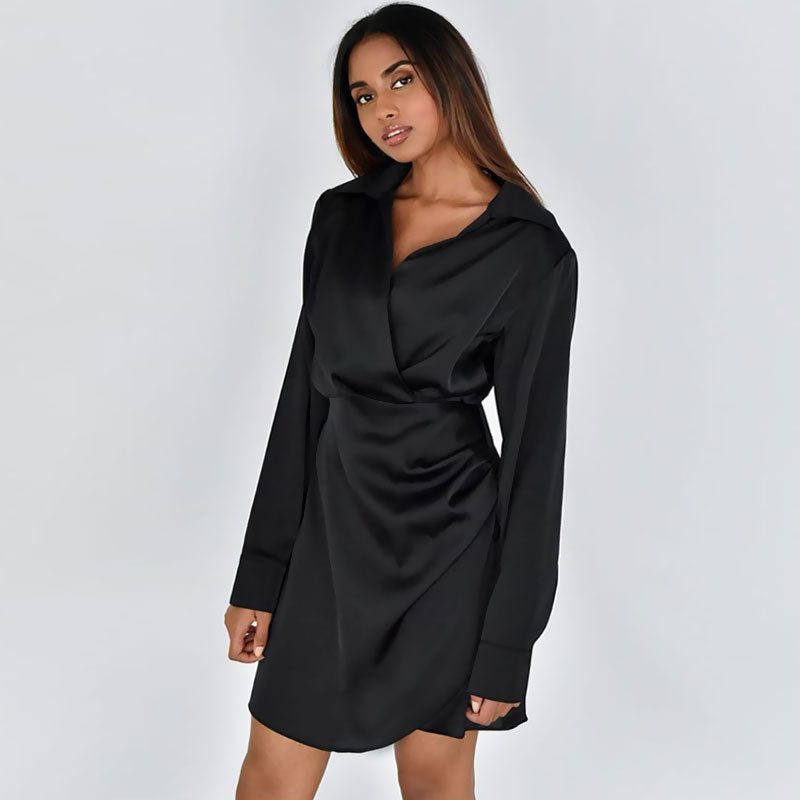 V Neck Long Sleeve Shirt Mini Dress - Black