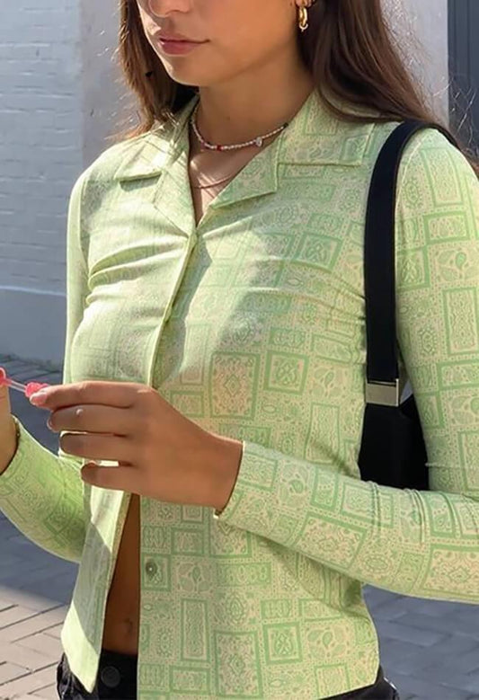 Green Lapel Print Button Blouse