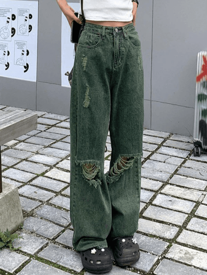 Green Wash Knee Ripped Jeans