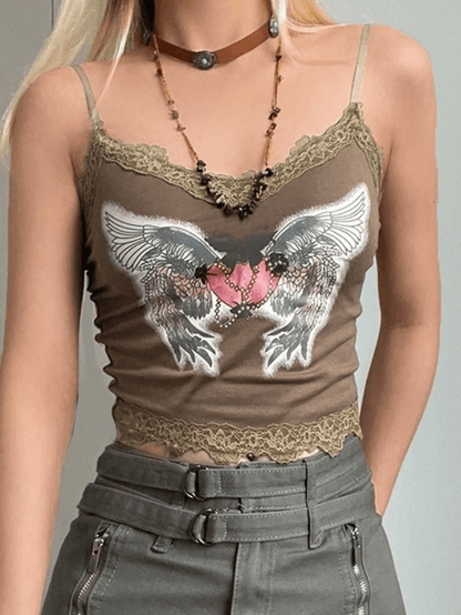 Lace Paneled Winged Heart Crop Cami Top