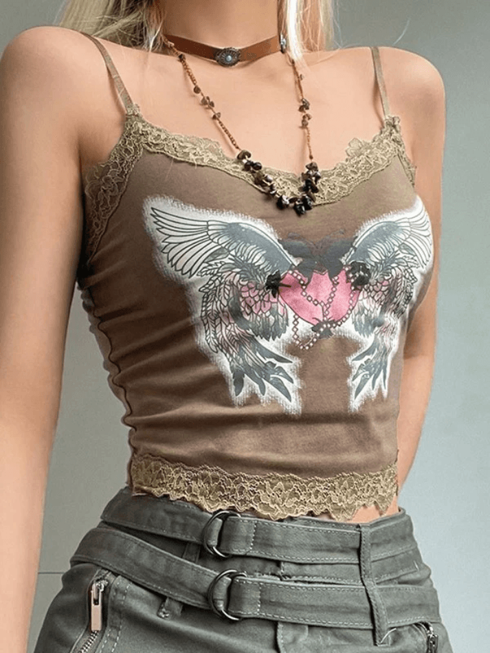 Lace Paneled Winged Heart Crop Cami Top
