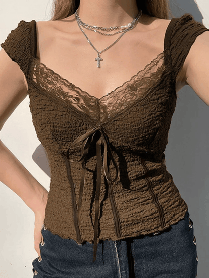 Lace Trim Crinkle Cropped Blouse