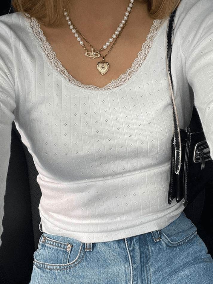 Lace Trim White Knit Top