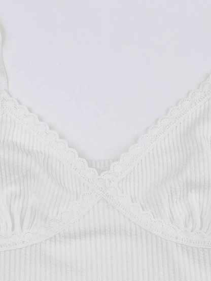Lace Trim White Ribbed Knit Crop Cami Top