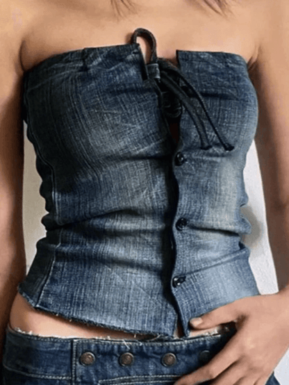 Lace Up Buttoned Denim Bandeau Top