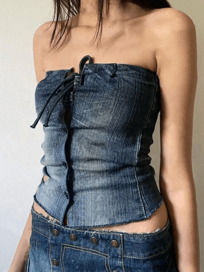 Lace Up Buttoned Denim Bandeau Top