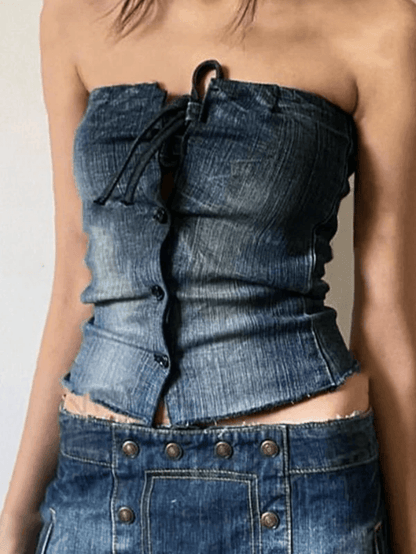 Lace Up Buttoned Denim Bandeau Top