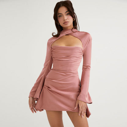 Long Sleeve Draped Satin Mini Dress - Pink
