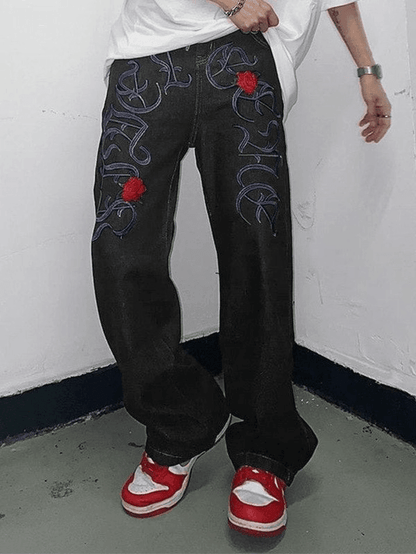 Men's Embroidered Black Straight Leg Jeans