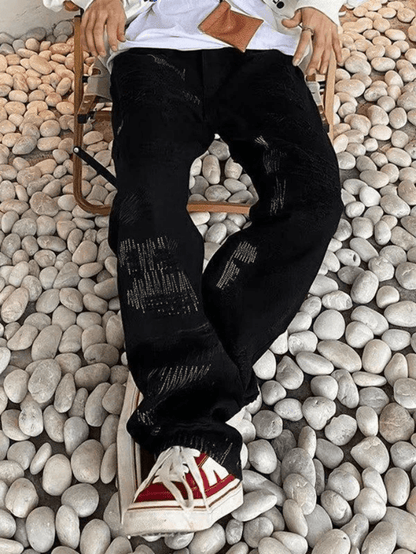 Men's Stitch Detail Distressed Black Loose Jeans