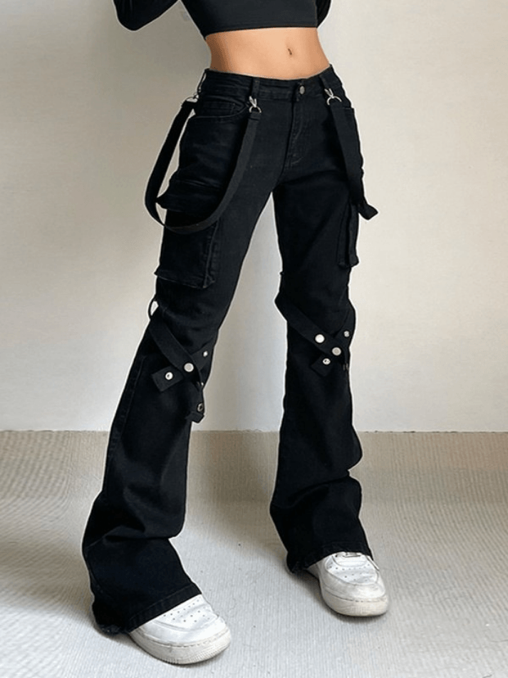 Metal Leg Loop Pocket Straight Cargo Jeans