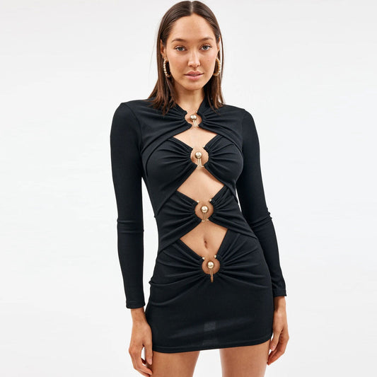 Long Sleeve Bandage Party Mini Dress - Black