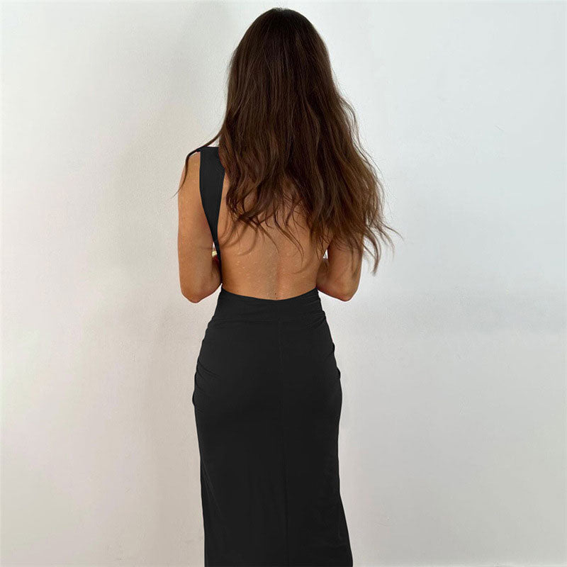 V Sleeveless Split Open Back Maxi Dress - Black