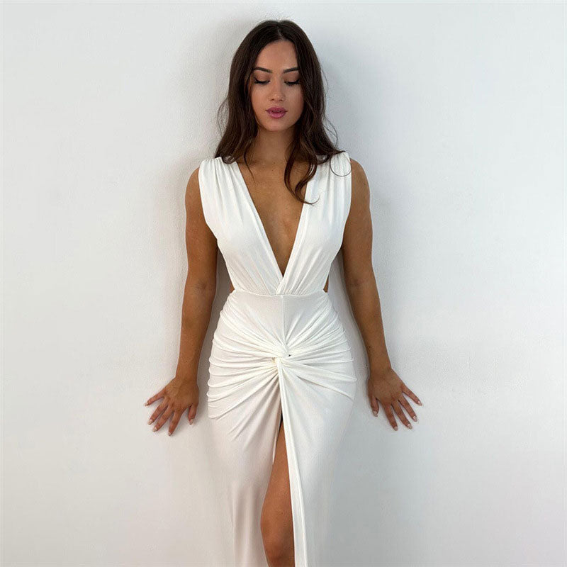 V Sleeveless Split Open Back Maxi Dress - White